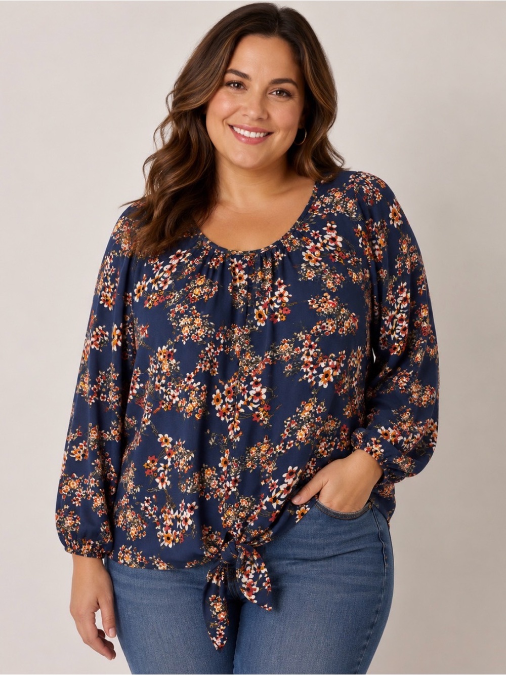 Beacon Apparel Long Cuffed Sleeve Floral Blouse Womens L Blue Built In Tie Front
